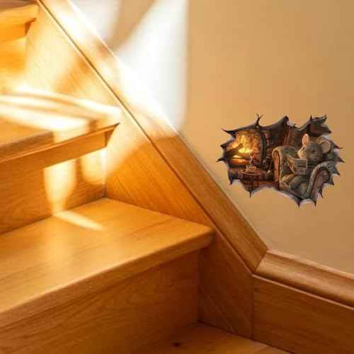 Cozy Mouse Wall Decal, 3D Fireplace Scene Decorative Sticker, Vinyl Home Decor