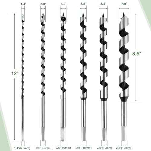 6Pcs Long Auger Drill Bit Set for Wood,Fast Drilling, Carbon Steel Extra Long Bit, Multi-Size 1/4", 3/8", 1/2", 5/8", 3/4", 7/8" Hex Shank Auger Drill, Suitable for Hard and Soft Wood