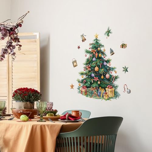 Merry Christmas Tree Wall Decal, Christmas Window Clings Wall Decals Peel and Stick, Christmas Decorations Wall Stickers for Winter Room Kitchen Bathroom Party Holiday Decor (Green)