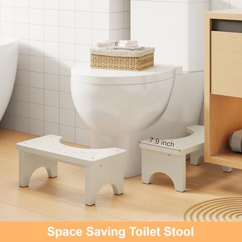 Wooden Squatting Toilet Stool for Adults, 6.7" Height Poop Stool Squat Adult, Non-Slip Potty Step Stool for Bathroom, Space-Saving Bamboo Pooping Stool, White