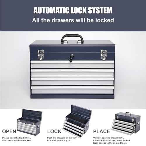 21-Inch Metal Tool Box with 4 Lockable Drawers, Portable Tool Chest Organizer for Mechanics & DIY | Auto-Locking System, Smooth Ball Bearing Slides, Durable Powder Coated Finish | EVA Padding