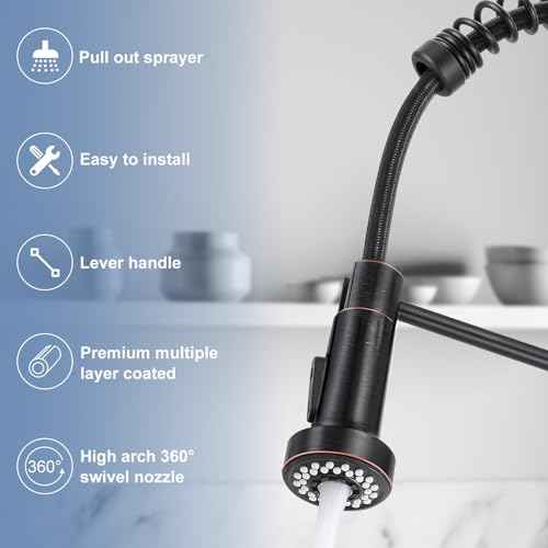 DJS Kitchen Faucets with Pull Down Sprayer Oil Rubbed Bronze -High Arc Single Handle 1 or 3 Holes Spring Kitchen Sink Faucet with Deck Plate for Farmhouse RV Vessel Basin