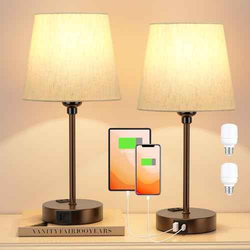Brown Bedside Lamps for bedrooms Set of 2 - Nightstand Bedroom Lamp with USB C Port and AC Outlet Charging, 3 Way Dimmable Touch Control Small Bed Side Table Lamp, Nightstand Light for Kids