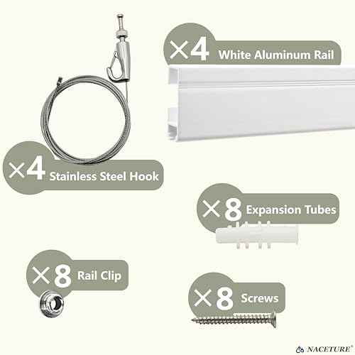 Picture Rail Hanging System- Innovative Art Hanging Rail System Including 4 Pcs 24" Picture Rails, 4 Pcs 2M Picture Rail Hooks & Installation Hardware- Elegant Picture Hanging Kit for Gallery