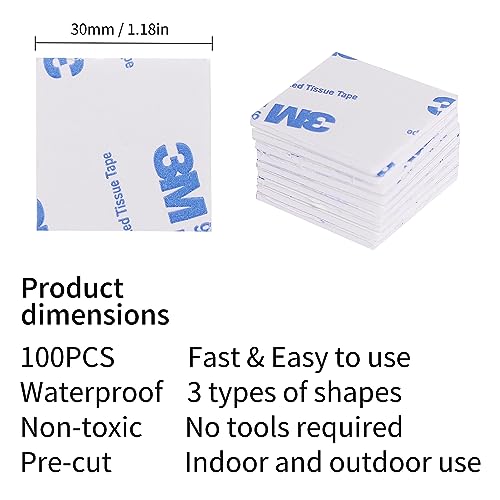 Double Sided Foam Tape Heavy Duty Mounting Tape, Waterproof,Removable,Sticky Pad for Car, Home, Office Decor,30 x 30 x 2mm, (100 Pcs White Square)