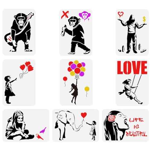 FINGERINSPIRE 9 pcs Banksy Painting Stencil 8.3x11.7inch Reusable Banksy Girl Boy Chimpanzee Pattern Drawing Template Life is Beautiful Decoration Stencil for Painting on Wood Wall Fabric Furniture