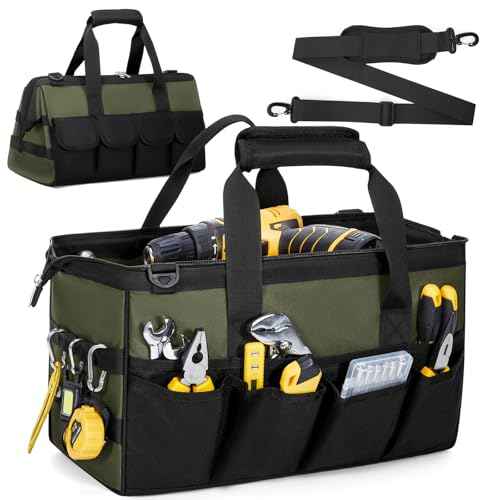 Tool Bag 16-Inch, 15 Pockets Heavy Duty Empty Tool Storage Organization, Soft Handle Carrying Toolbag,Toolbox Organization Tool Bags for Men,Army Green & Black
