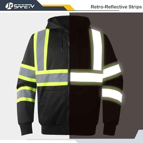 JKSafety Hi-Vis Safety Sweatshirt for men women High Visibility Zip-Up Hooded Sweatshirt Hoodie work utility Reflective Strips with Extended Trims (JK121-Black,L)