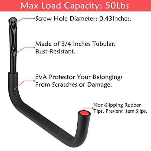 Garage Storage Kayak Hooks, 15.5 Inch Heavy Duty Storage Hanger, Wall Mounted Rack for Hanging Canoe Paddleboard, Surfboard, Snowboard, Ladders, Bikes, Black and Red, 15.5Inches x 10.8Inches