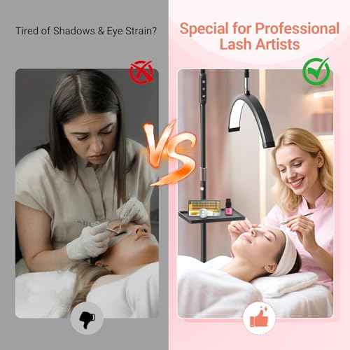LIONVISON Half Moon Lash Light: 6500K LED Lamp Ring Light with Tray - 360¡Æ Flexible Gooseneck Durable Metal Stand - Salon Use for Lash Artists Eyelash Extensions (18In Black)