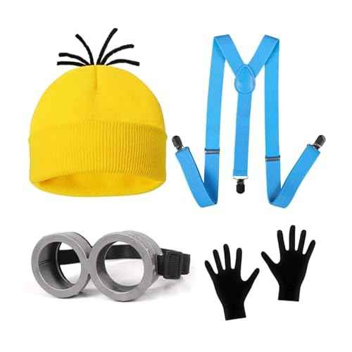 Halloween Costume Accessories Adults Kids, Yellow Beanie hat/Goggles/Gloves/Suspenders for Halloween Cosplay Party Set, Funny Halloween Costumes for Women Men 2025