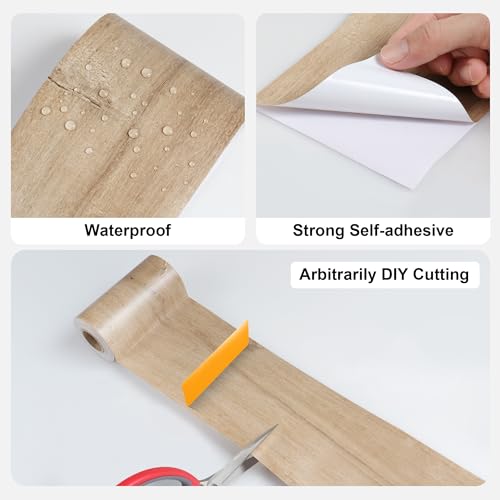 JUNART Wood Grain Repair Tape(10cm¡¿1000cm), Self-Adhesive Waterproof Realistic Textured Repair Duct Tape for Tables, Baseboards, Doors, Windows, and Floors with Plastic Scraper(Yellow Teak)