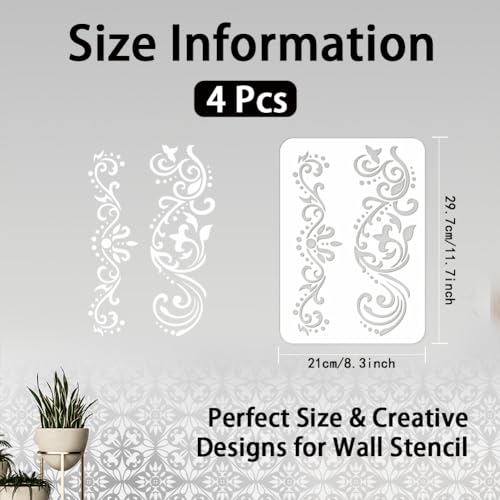 INFUNLY 4PCS Lace Corner Stencils for Painting - Reusable Flower Border Wall Stencil, Large Pattern Tile Stencil for Floor/Furniture/Glass/Wood - Home Decoration