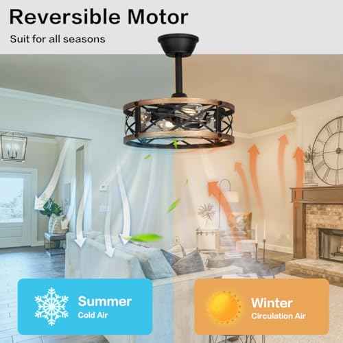 16.5" Farmhouse Caged Fandelier Ceiling Fan with Light, Rustic Bladeless Small Ceiling Fans with Lights and Remote, Modern Enclosed Ceiling Fan with Light for Kitchen, Bedroom, Small Room