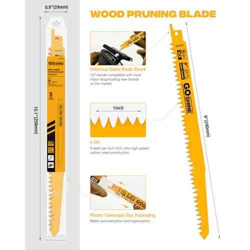 Goshine 9 Inch 5 TPI Wood Pruning Reciprocating Saw Blades, 5 Pack, Next-Gen High Carbon Steel Dual-Angle Teeth Sawzall Blades for Faster Cutting, Durable & Long-Lasting for Wood and PVC