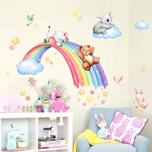 Tanlaby 43" X 43" Animal Rainbow Wall Stickers Bear Elephant Koala Rabbit Wall Decals Peel and Stick Clouds Stars Art Decor for Baby Nursery Kids Bedroom Playroom Daycare Classroom