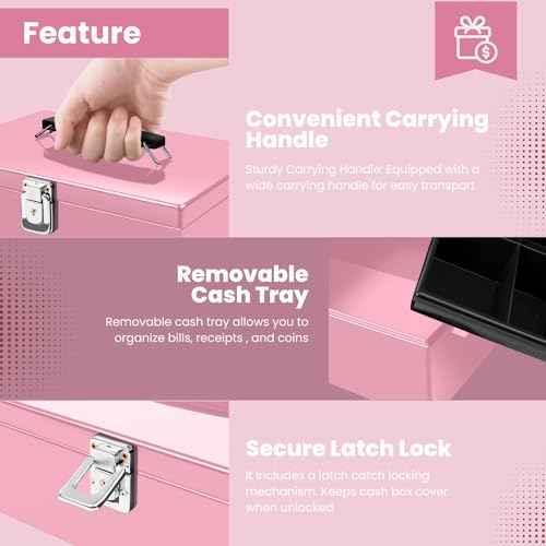 Flexzion Cash Box with Money Tray and Lock - Metal Money Box for Cash Storage with Secure Latch Lock & Key - Pink Petty Cash Box with 7 Compartment Money Tray for Small Businesses, 11x7.7x3.5 Inches
