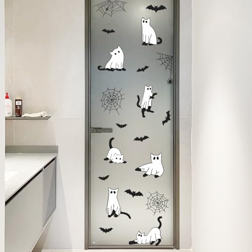 IARTTOP Happy Halloween Window Clings Sticker (100x30cm) Ghost Boo Wall Decals Spider Web Bat Window Stickers Halloween Black Cats Double Sided Decals for Glass Party Home Decoration