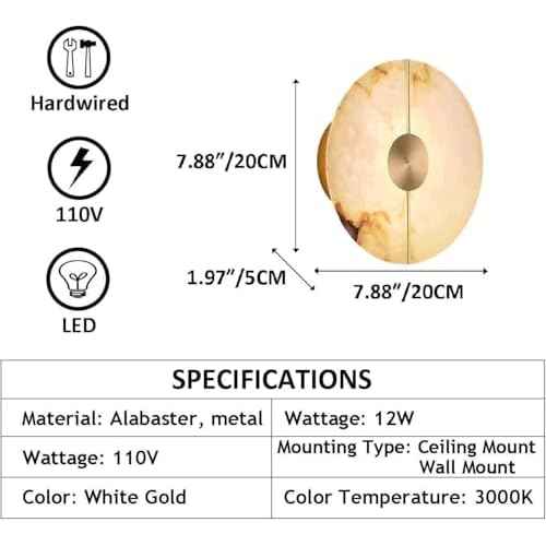 White Alabaster Wall Sconce Brass Natural Marble Wall Sconce Vintage Gold Round Store Modern LED Wall Light Fixture Mid Century Wall Mounted Lamp for Bedroom Hallway Living Room Bathroom