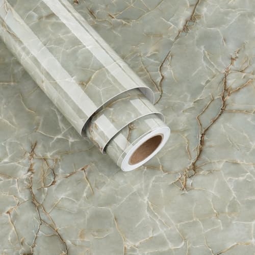 Green Marble Contact Paper for Countertops Waterproof Green Gold Marble Wallpaper Peel and Stick Glossy Granite Contact Paper for Bathroom Kitchen Backsplash Cabinets Table Cyan Vinyl Decor