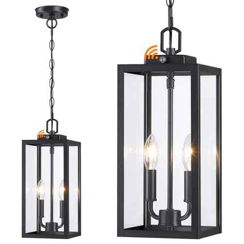 Large Outdoor Pendant Light 2-Light, 15'' Dusk to Dawn Modern Black Metal Outside Chandelier Exterior Hanging Fixture Ceiling Mount with Clear Glass for Front Porch Entrance Foyer Entryway, 1 Pack