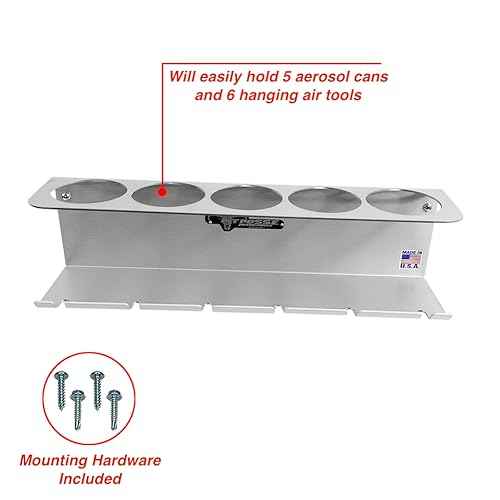 Pit Posse PP3353 Pneumatic Tool Holder Aerosol Rack Combo-Made in USA- Wall Mounted Spray Can Bottle Holder, Air Tool Organizer for Garage, Trailer,Workspace, Toy Hauler- Holds 5 cans, 6 Slots