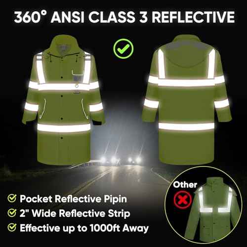 TICONN Reflective Rain Coat, Waterproof Hi Vis Safety Rain Jacket, Heavy Duty ANSI Class 3 High Visibility Trench Coat