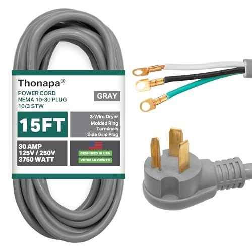 3 Prong Dryer Cord 15 ft, 30 Amp Appliance Extension Cord 3 Prong 15 Foot, NEMA 10-30 Plug, 10/3 STW Gray Heavy Duty Dryer Power Cable with Molded Ring Terminals - US Veteran Owned Brand