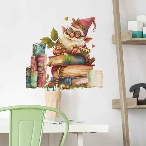 Gnome Reading Wall Decals Books Reading Wall Stickers Peel and Stick Wall Art Decals for Kids Room Classroom Nursery Bedroom Playroom Decor (Style1)