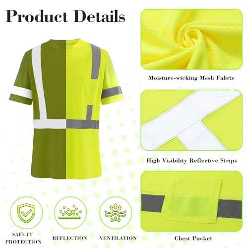 Amylove 4 Pcs Reflective Safety T Shirt High Visibility Work Shirts Sun Protection Construction