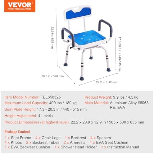 VEVOR Swivel Shower Chair 360 Degree, Adjustable Shower Seat with Armrests and Backrest for Inside Shower or Bathtub, Non-Slip Rotating Bathtub Chair Seat for Elderly Disabled Injured, 400lbs Capacity