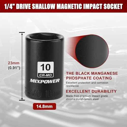 MIXPOWER 1/4" Drive Shallow Magnetic Impact Socket, 6 Point, 10mm, Metric, CR-MO