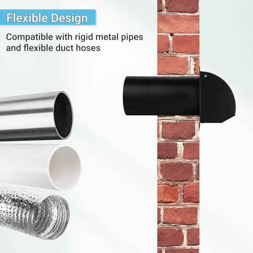 4 Inch Hooded Wall Vent with Screen, Damper, 8-1/4" Length Duct, 14 Gauge Steel Vent Covers for Wall, Wall Vent Cover for Residential Housing and Industrial Facilities Air Exhaust, Black