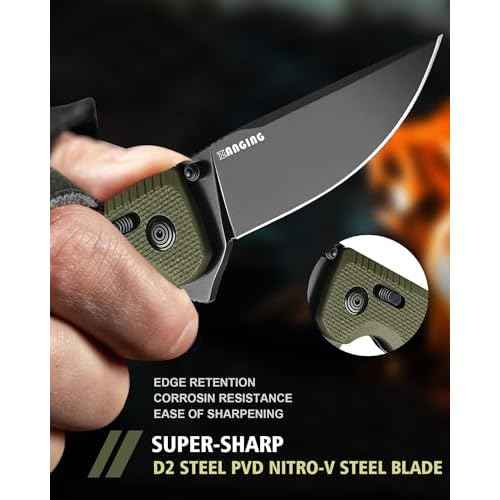 Pocket Folding Knife(EDC)- 3.35" D2 Steel PVD Nitro-V Steel Blade, G10 Handle- Lightweight Folding knives with Clip for Camping, Hiking, Hunting Survival Multi-Tool (Olive Green)