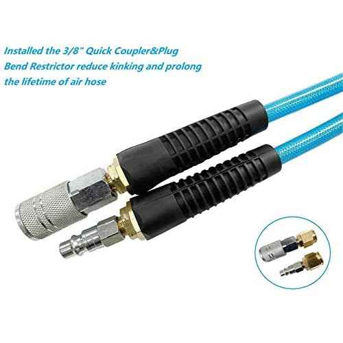 SANFU Polyurethane(PU) Reinforced 3/8¡±ID x 50ft Air Hose, Non-kinking with 3/8¡± Repaired Industrial Quick Coupler and Plug, Bend Restrictor, Transparent Blue(50¡¯)