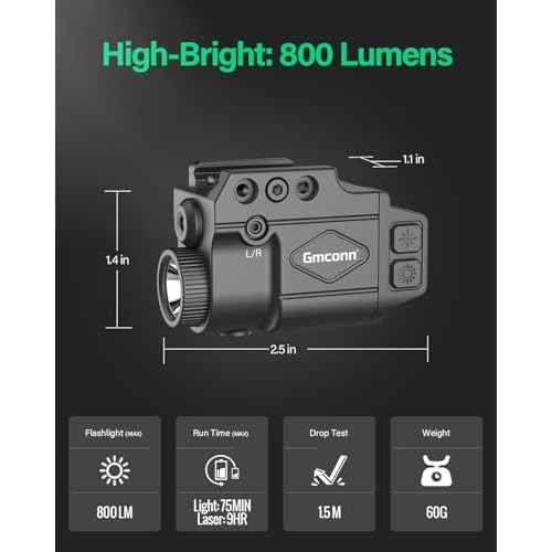 Gmconn 800 Lumen Tactical Flashlight with Green Laser Sight Combo, Gun Light Laser Sight with Strobe & Momentary Function Rechargeable
