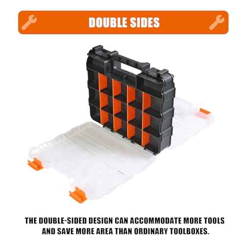 TCE AG322U Torin Double Sided Tool and Hardware Storage Box: Portable Small Parts Organizer with Removable Plastic Dividers for Tools, Small Items and Jewelry, Black/Orange