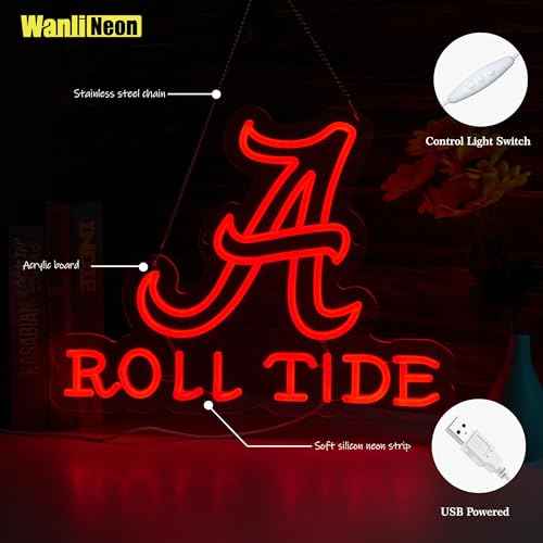 Roll Tide Neon Sign for Wall Decor, Football LED Lights Signs Sign for Bar Man Cave Bedroom Home Bar Shop Pub Bistro Party Hotel Game Room Decor Gifts, USB Powered