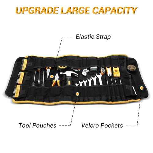 DEKOPRO Tool Roll Bag with Tool Set: Small Tool Roll Organizer Pouch Pocket Bag with Tool Kit Gifts for Men Heavy Duty Tool Storage Bags Pouches Mechanic, Electrician Tools