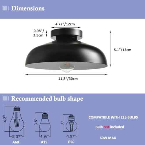 DIRYZON 12-Inch Industrial Ceiling Light Fixture,Black Bedroom Ceiling Light,Metal Ceiling Lighting for Hallway Kitchen