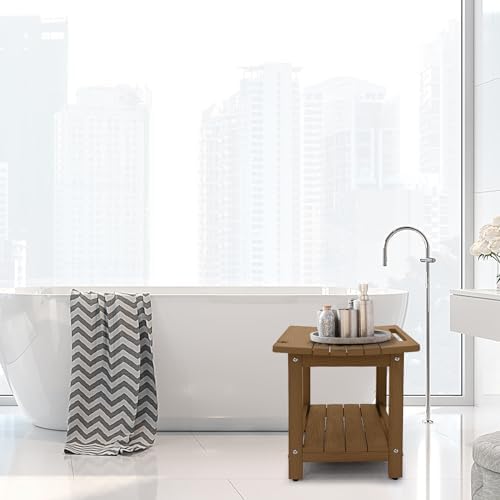 HDPS Shower Bench, Inside Shower Chair for Shaving Legs, Waterproof 2-Tier Bath Spa Shower Stool for Adults Sitting, Weather -Resistant No-Slip Indoor Outdoor Shower Seat, Teak
