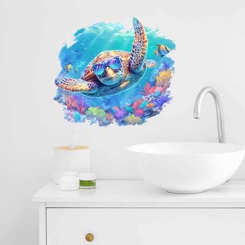 Sea Turtle Wearing Sunglasses Wall Decals Removable Animal Vinyl Stickers for Nursery Living Room and Bathroom Ocean Theme Decor Peel and Stick Wall Art