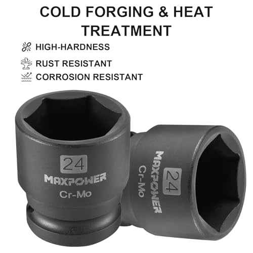 MAXPOWER 1/2 Inch Drive 24mm Standard Impact Socket, Made with Heat-Treated Chrome Molybdenum Steel, 6-Point Design, Metric
