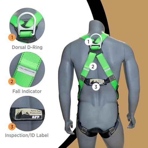 AFP Universal Full-Body Safety Harness w/Dorsal D-Ring Tongue Buckle Legs High-Viz Green, Shock Absorbing Lanyard (OSHA/ANSI)