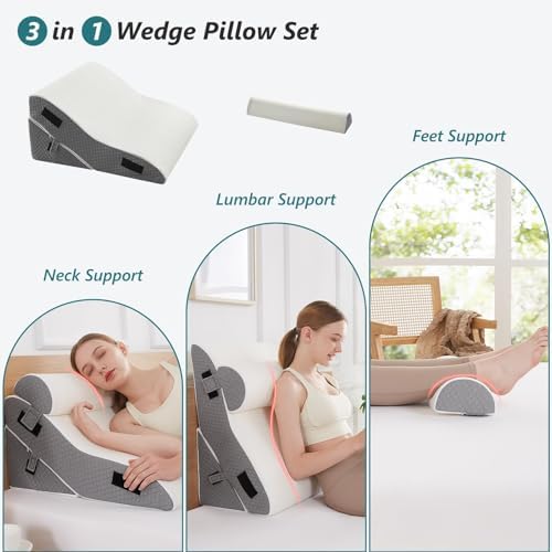 Bed Wedge Pillow Set for Sleeping 3 PCS - 16.5" Wide Triangle Pillow for Back Leg Pain Relief with Washable Cover - 35D Foam Wedge Pillow Post Surgery for Acid Reflux & Snoring (White Grey)