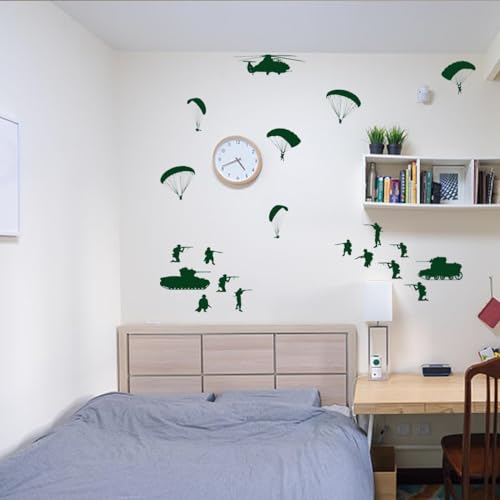 PLIGREAT 20 Pcs Parachutes Tanks Soldiers Wall Stickers, Peel and Stick Wall Decals, DIY Art Decor Removable Vinyl Military Green Walls Stickers for Living Room Bedroom Paly Room Home Decorations