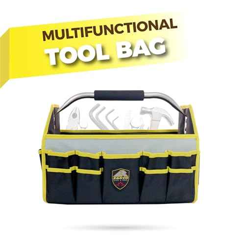 16" Open Top Tool Tote, 1680D Durable Tool Organizer for Plumber, Electrician, HVAC Technicians. Trade Professionals Tool Bag, Tool Bag with Detachable Strap (Yellow with SS Handle, 16 Inches)