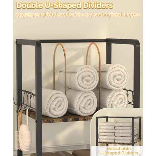 Free Standing Towel Racks for Bathroom with U-Shaped Detachable Dividers, 3-Tier Floor Towels Holder Stand with Shelf & 8 S-Hooks, Metal Pool Towel Storage Organizer for Home, Poolside, Black