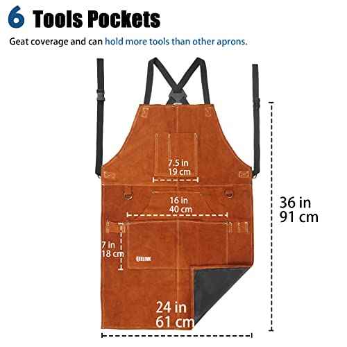 QeeLink Leather Welding Work Apron with 6 Tool Pockets, Heat & Flame Resistant Aprons, 24" x 36", Adjustable M to XXXL