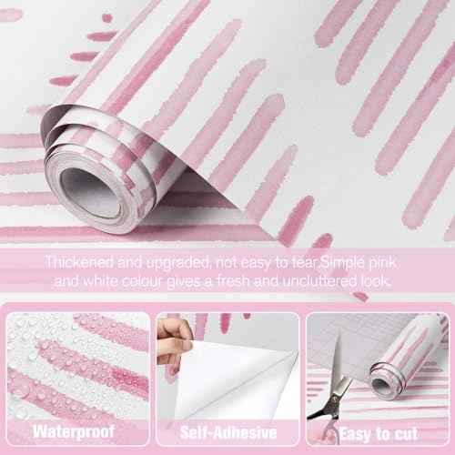 Modern White and Pink Peel and Stick Wallpaper 17.7"x120" Stripe Diamond Wallpaper Vinyl Waterproof Contact Paper Shelf Paper Drawer Liner Roll for Bedroom Living Room